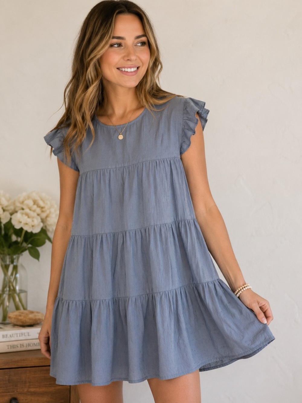 JACK + AVERY Womens Babydoll Dress S Blue Swiss Dot Tiered Boho‎ Cottage Ruffle